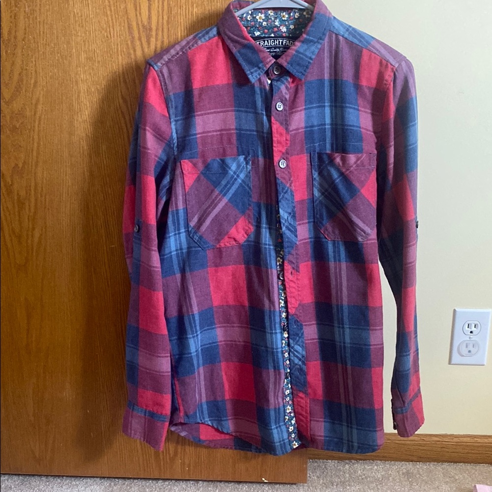 Casual Red and Blue Plaid Button Down Shirt